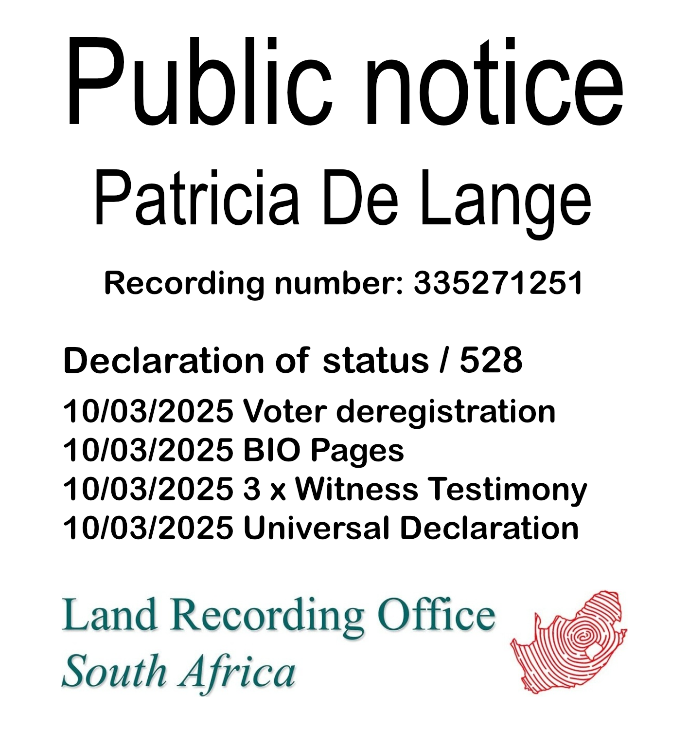 Public Notice Patricia De Lange (c) Recording number 335271251